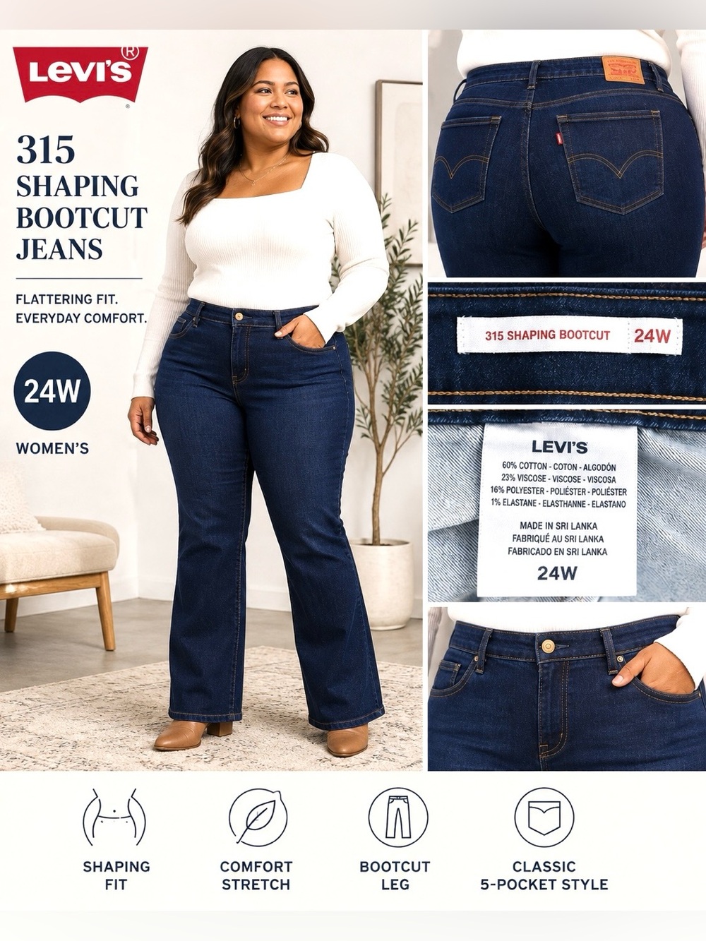 Levi’s 315 Shaping Bootcut Jeans 24W Dark Wash Stretch